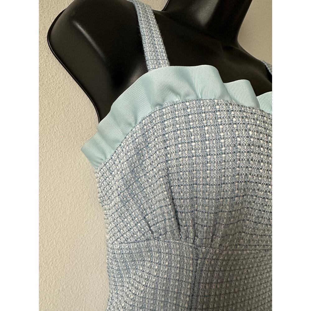 Vintage 90s Y2K Blue Tweed Mini Dress Coquette Boucle Ruffle Trim Size 8 - Picture 4 of 10